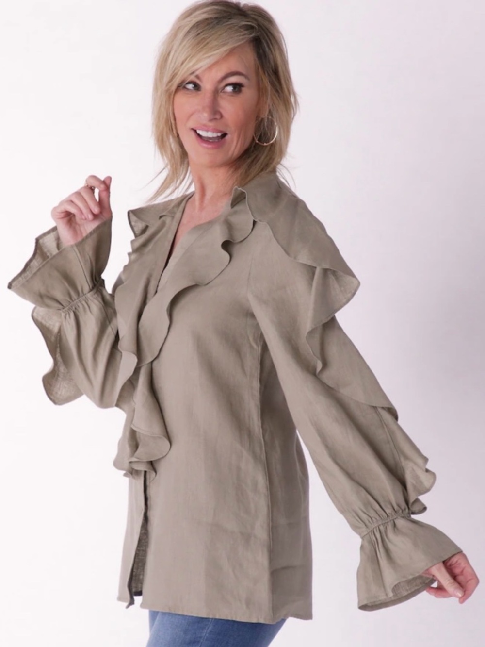 BAILEY 100% Linen Khaki Button Front Ruffle Shirt US Sz XL